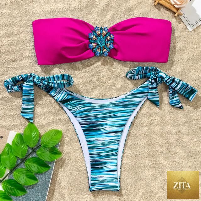 Shiny rhinestone strapless bikini set for women, two-piece diamond swimwear with bra-style top and matching bottom, luxury swimwear.