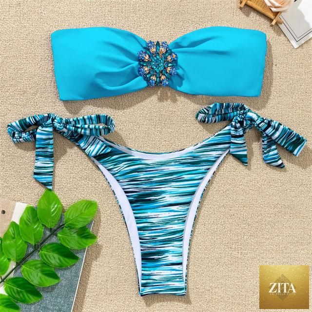 Shiny rhinestone strapless bikini set for women with diamond embellishments, two-piece luxury swimwear, perfect for summer beachwear.
