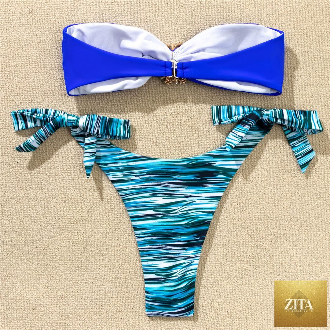 Shiny rhinestone strapless bikini set for women, two-piece diamond bikini with bra top and matching bottoms, luxury swimwear for women.