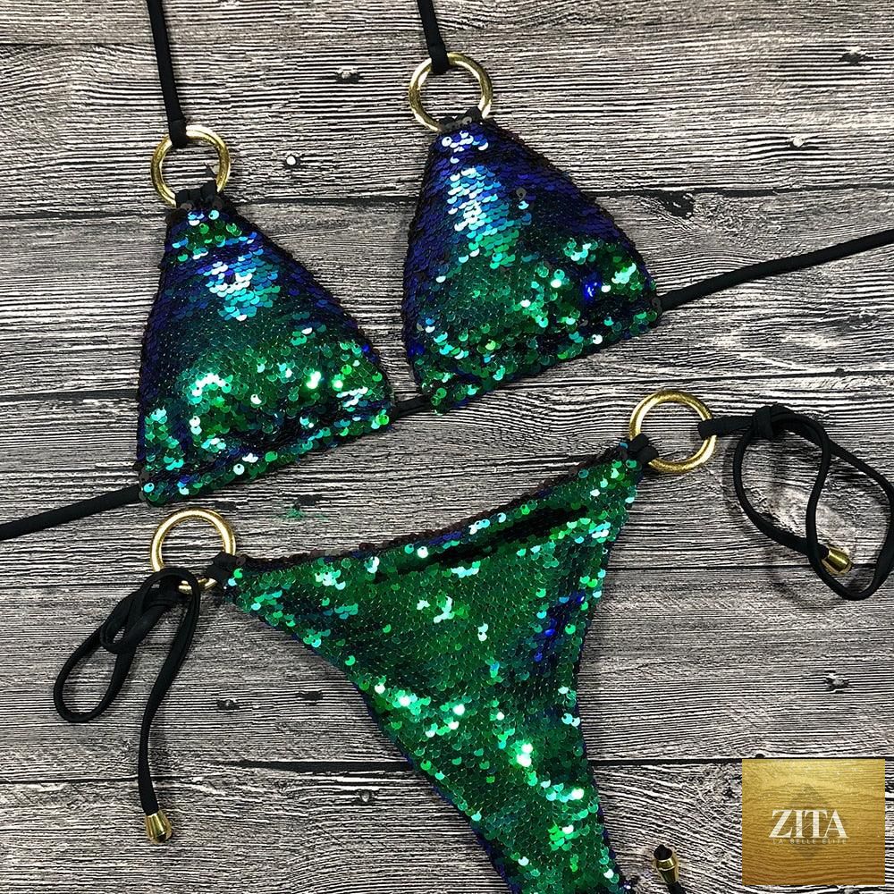 Shiny solid bikini swimsuit by Stevvex featuring halter top, micro string bottoms, embellished with sequins for women’s beachwear.
