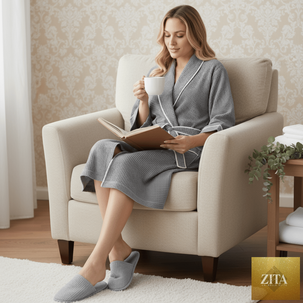 Knee-length waffle robe for women by Lotus Linen, featuring soft fabric and a cozy fit, ideal for lounge and relaxation.