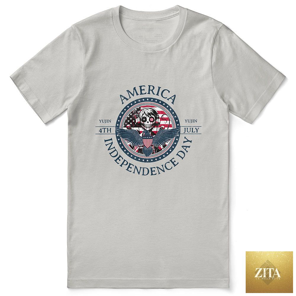 Dark T-shirt featuring Independence Day 4th July design by Zita La Belle Elite, with patriotic graphics and silver accents.