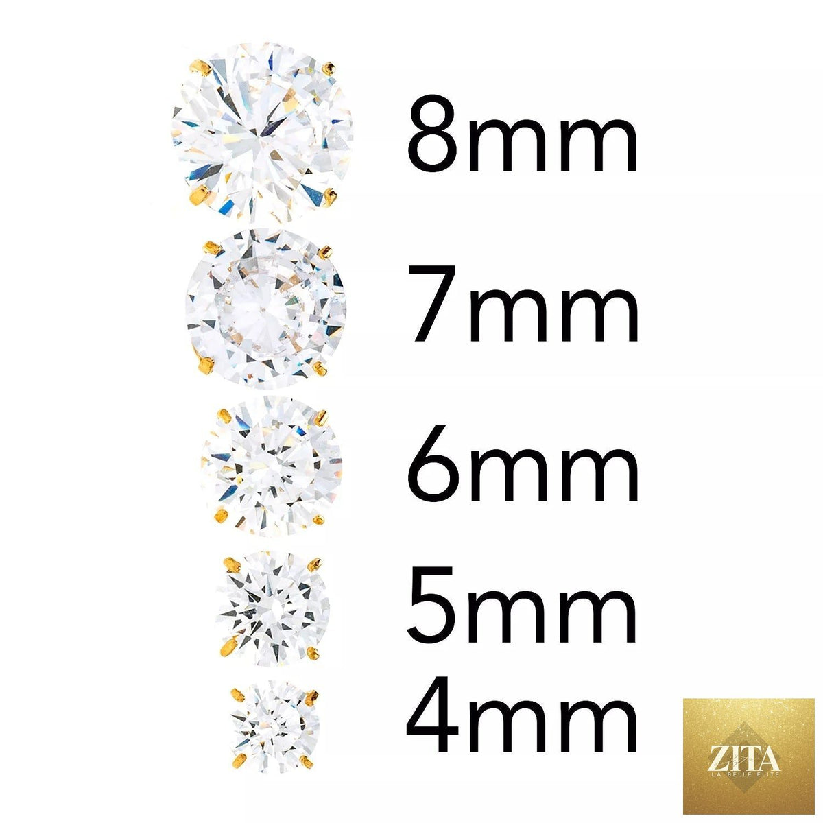 14K yellow gold simulated diamond round stud earrings in sizes 4mm to 8mm, displayed in a comparison image.