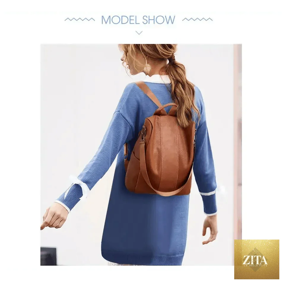 Elegant genuine leather Stevvex vintage-style anti-theft backpack for teen girls and women, featuring a stylish school and travel bag design.