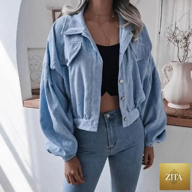 Zita La Belle Elite women's corduroy lantern jacket with long sleeves and solid color, perfect for fall and winter casual wear.