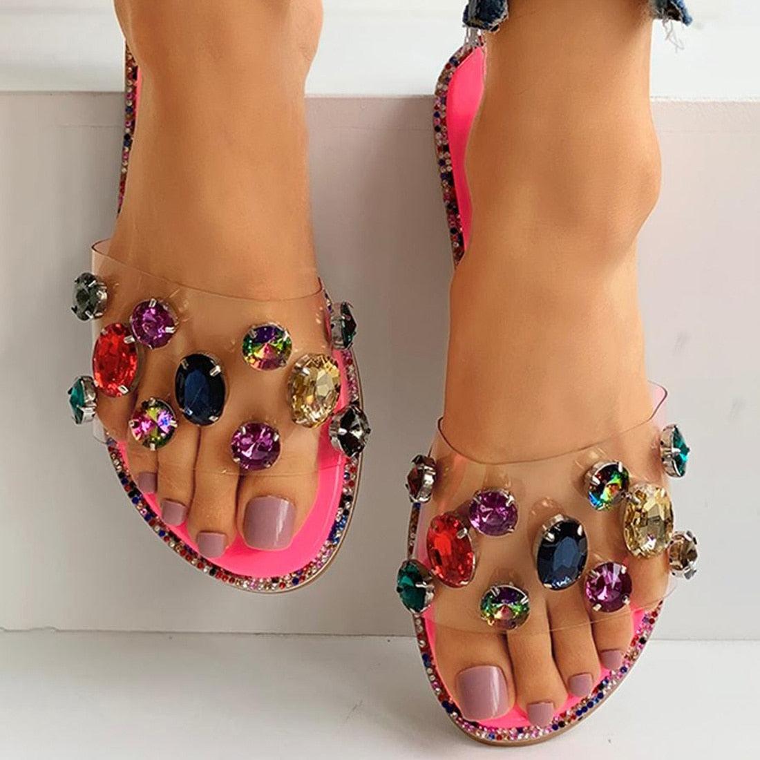 Stevvex women's flip flops with rhinestone embellishments, open toe flat sandals, slip-on casual and party slip-ons.