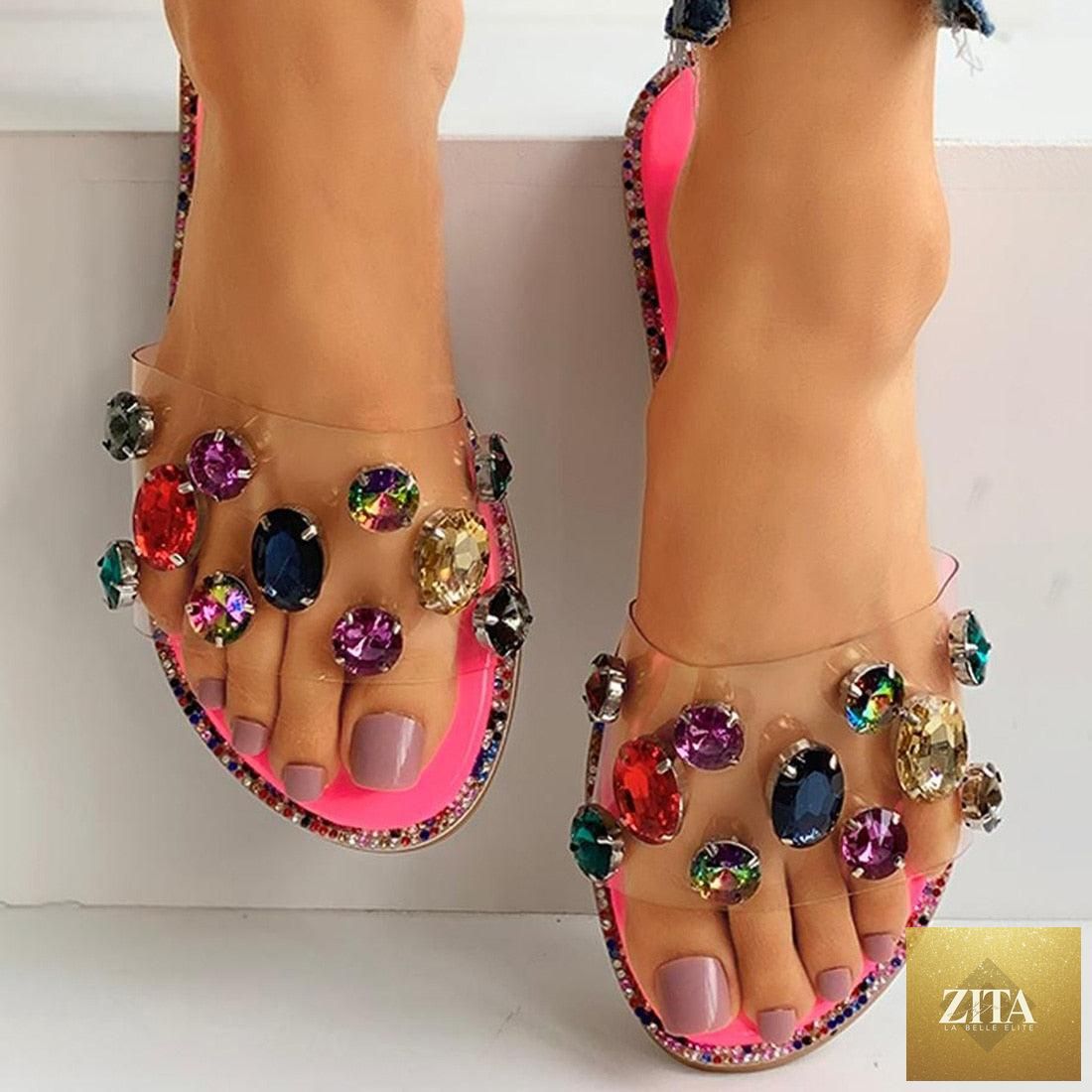 Stevvex women flip flops with open toe design, clear rhinestones, and flat casual style for fashionable comfort.