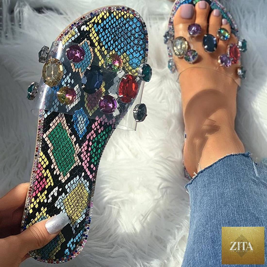 Stevvex women’s flip flops with rhinestone embellishments, open toe flat sandals, slip-on casual and party footwear.
