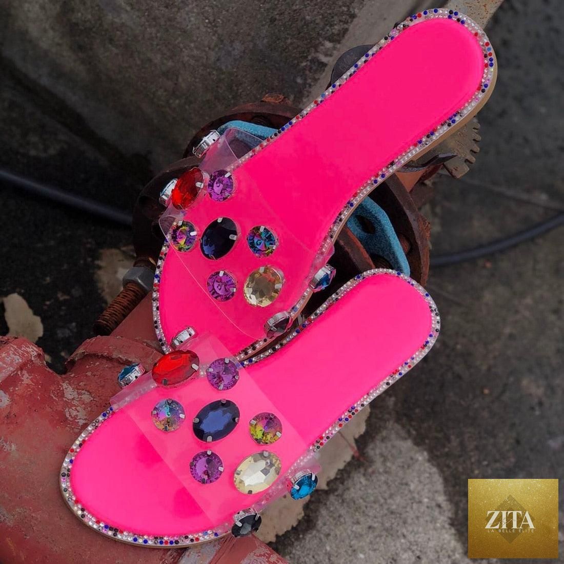 Stevvex women's flip flops with clear rhinestones, open toe flat sandals, casual slip-on style with diamond accents.