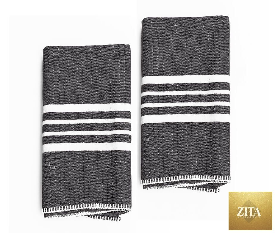 Black Farm House Turkish Towel without fringe from Zita La Belle Elite, displayed folded with textured cotton fabric.