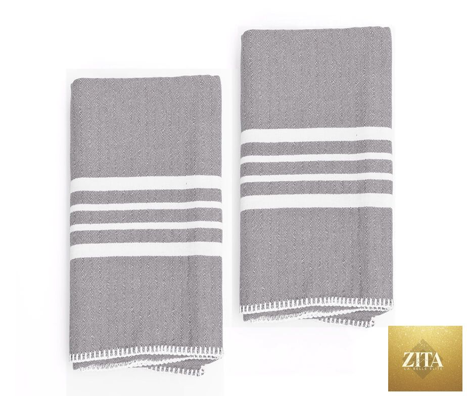 Gray Turkish towel from Zita La Belle Elite Farm House collection, showcasing soft, lightweight fabric without fringe in a bundle.