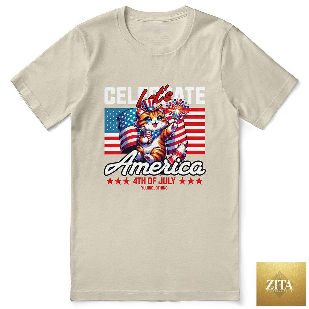 Celebrate 4th July cat T-shirt by Zita La Belle Elite featuring a festive cat graphic on soft fabric.
