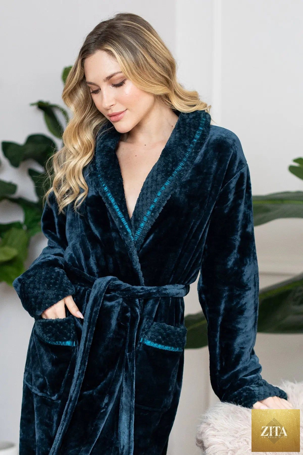 Soft plush women's bathrobe from Lotus Linen, showcasing its cozy, ultra-soft texture and comfortable fit.