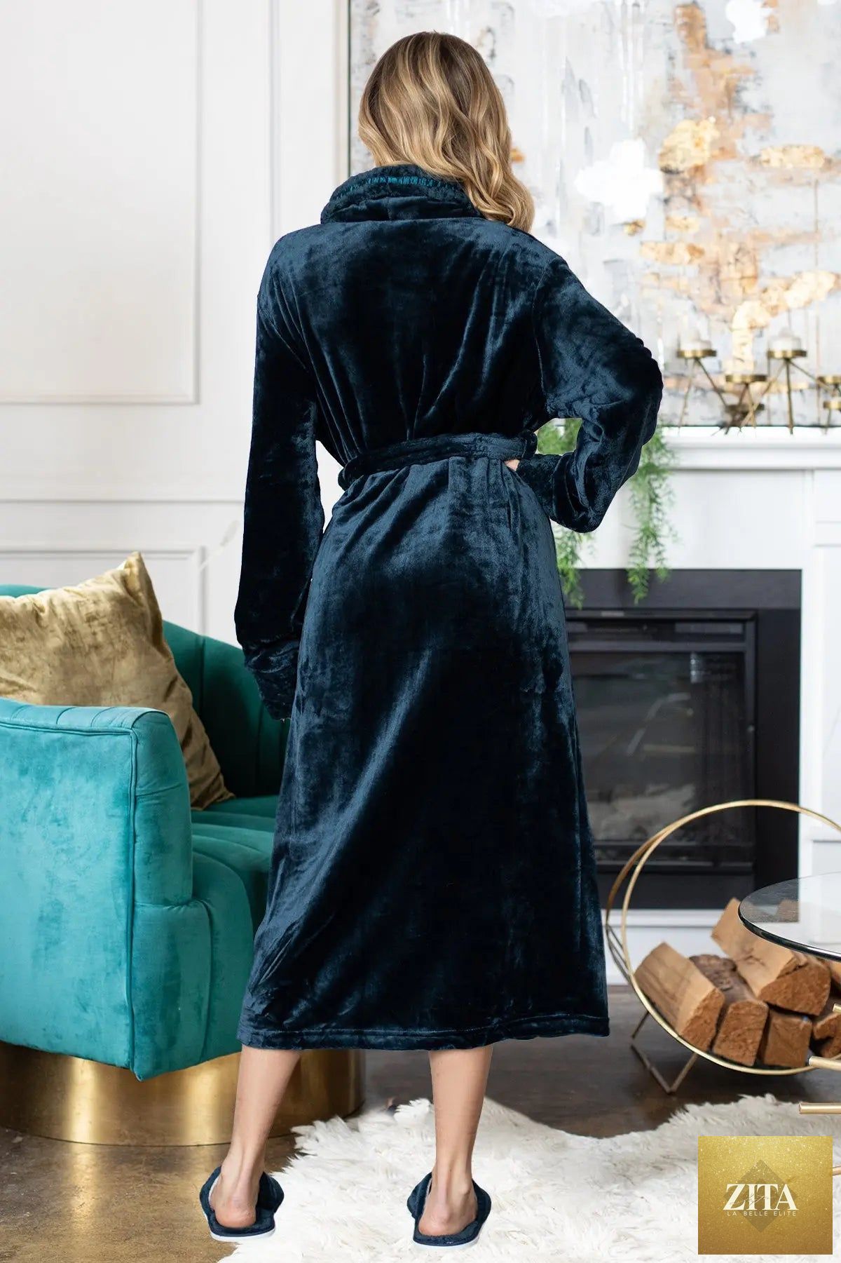 Women's ultra-soft plush bathrobe by Lotus Linen, showing cozy, plush fabric and relaxed fit in a soft, inviting design.