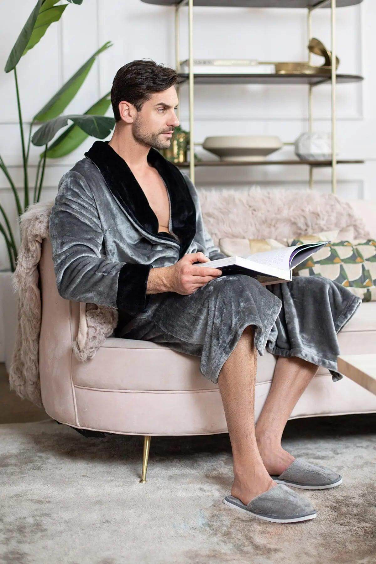 Soft men's plush robe by Lotus Linen, featuring a cozy, comfortable design ideal for lounging and relaxation.