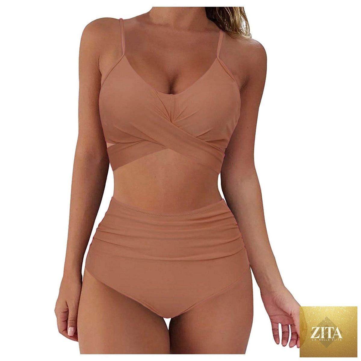 Stevvex solid women's bikini set with push-up top, high waist, lace-up halter, high-cut design, and twist front, summer swimwear.