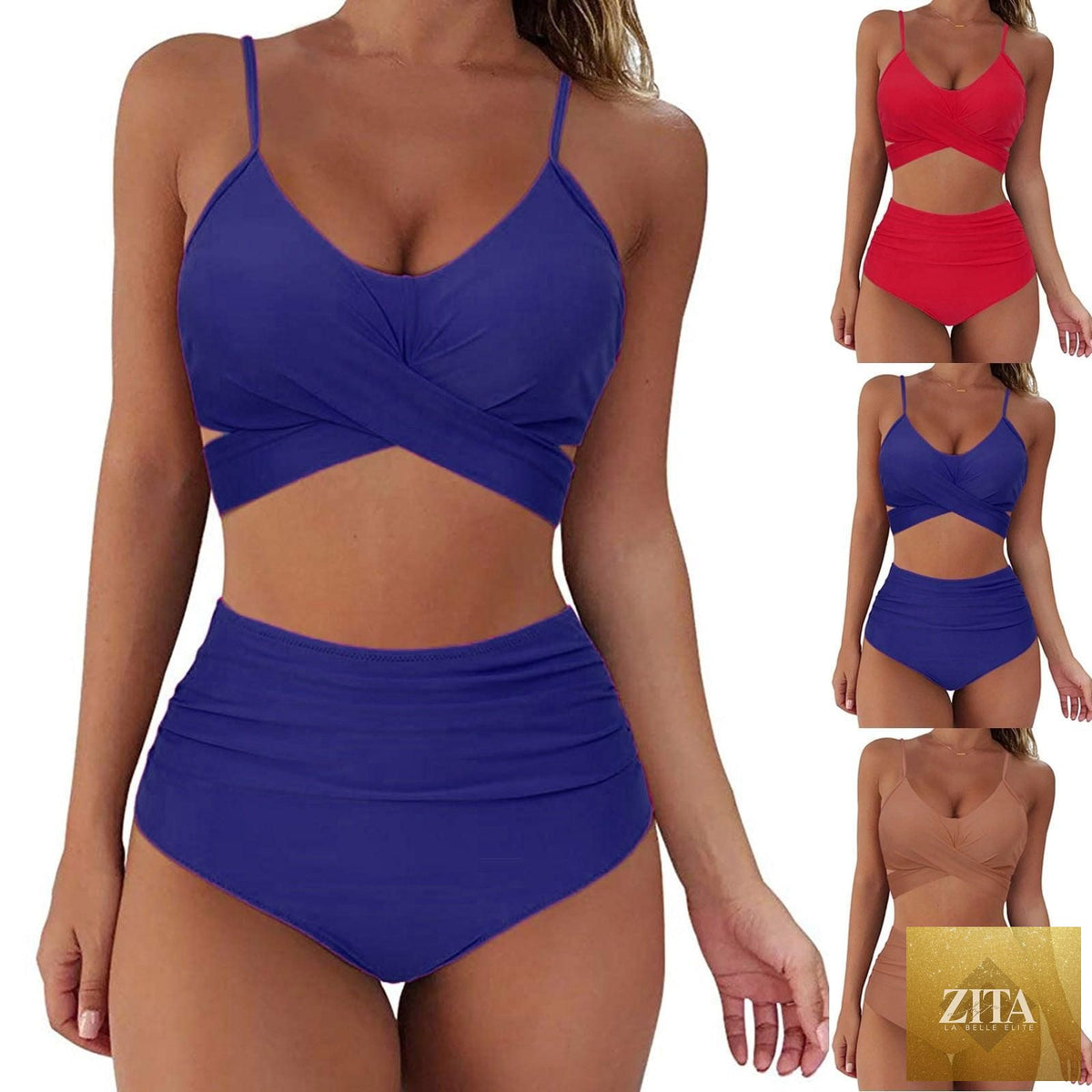Stevvex solid women's bikini set with push-up top, high waist, lace-up halter design, and twist front, perfect for summer swimwear.