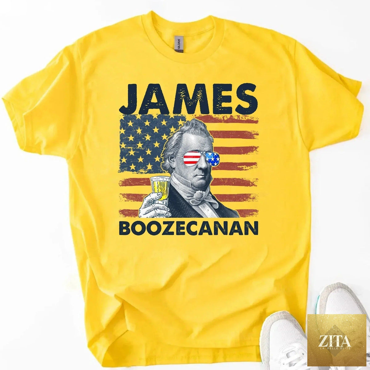 James Boozecanan 4th of July T-shirt by Adorb Custom Tees featuring a humorous presidential drinking design.