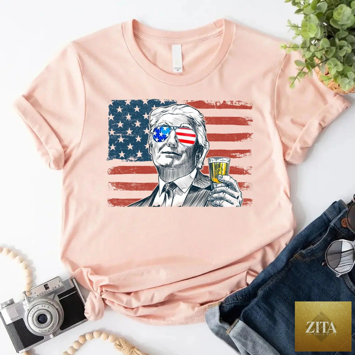 Unisex Donald Trump drinking party T-shirt by Adorb Custom Tees, featuring a crew neck design and bold printed graphic.