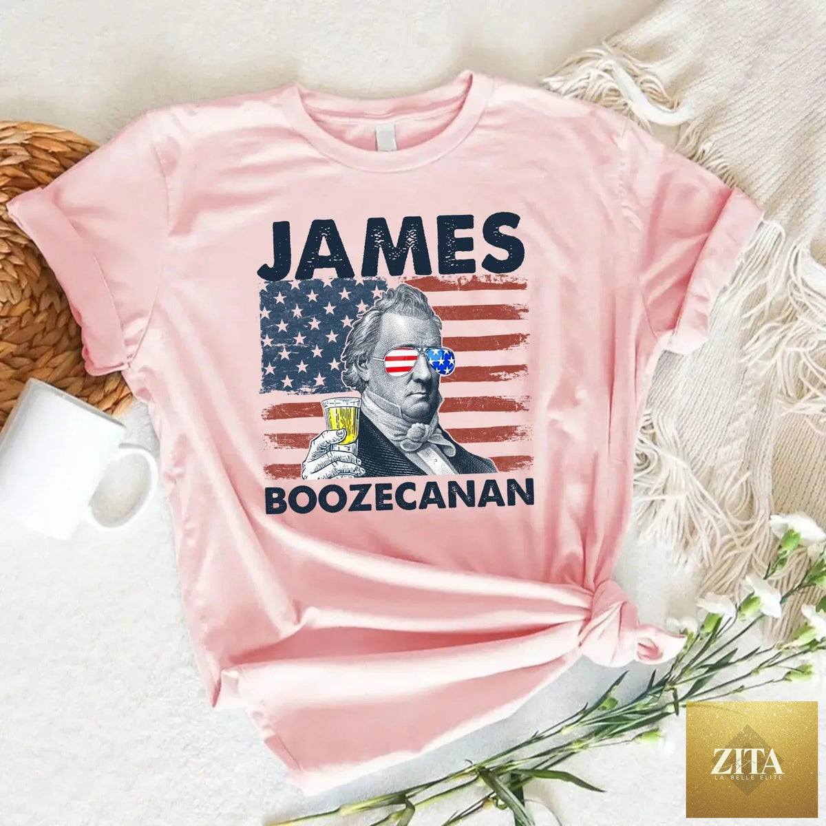 Funny James Boozecanan 4th of July T-Shirt by Adorb Custom Tees featuring patriotic design and humorous presidential drinking theme.