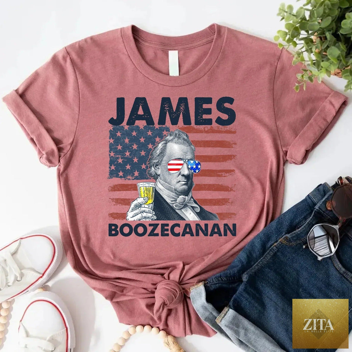 James Boozecanan 4th of July T-Shirt by Adorb Custom Tees, featuring a humorous presidential drinking design.