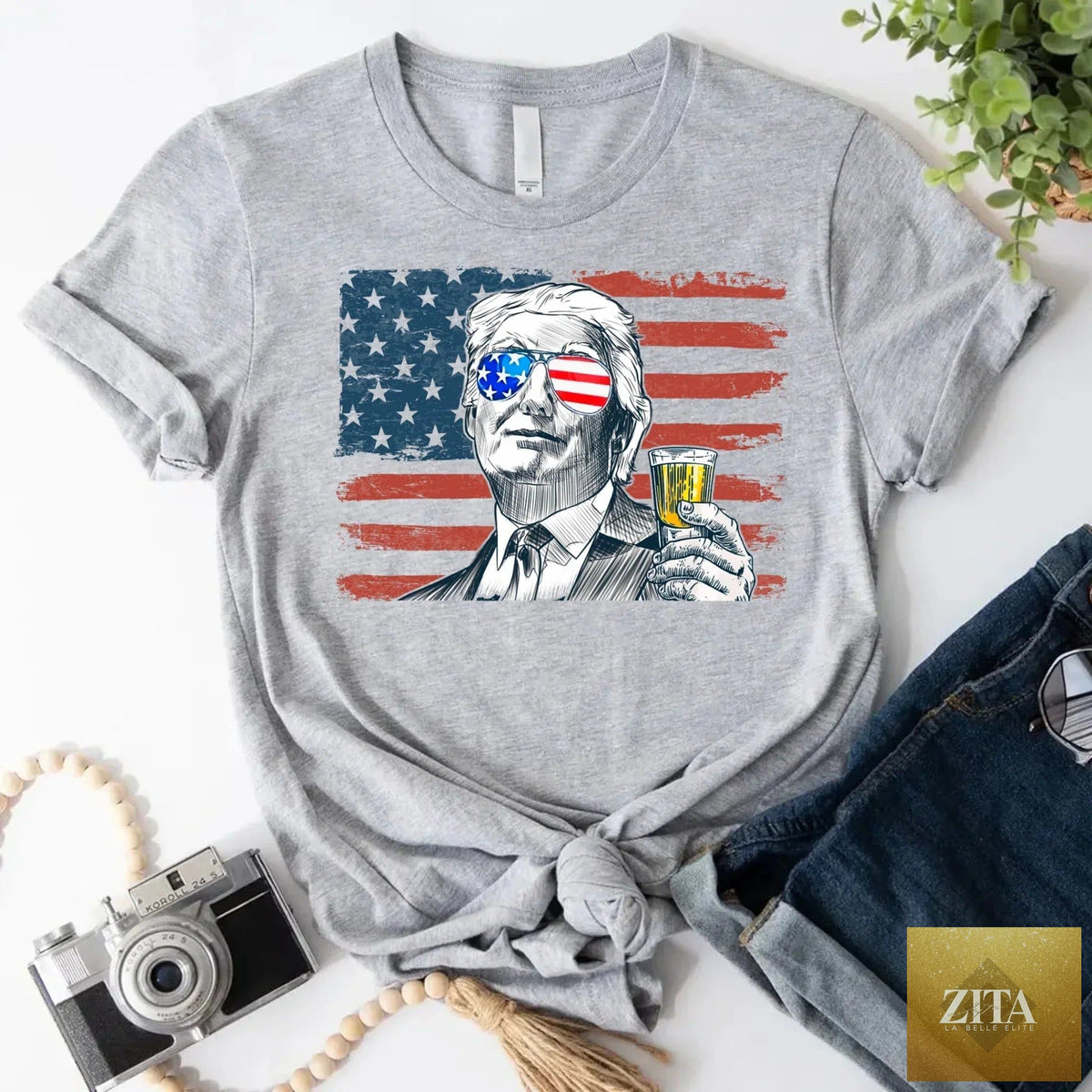 Unisex Donald Trump drinking party T-shirt by Adorb Custom Tees featuring a crew neck design and humorous graphic print.