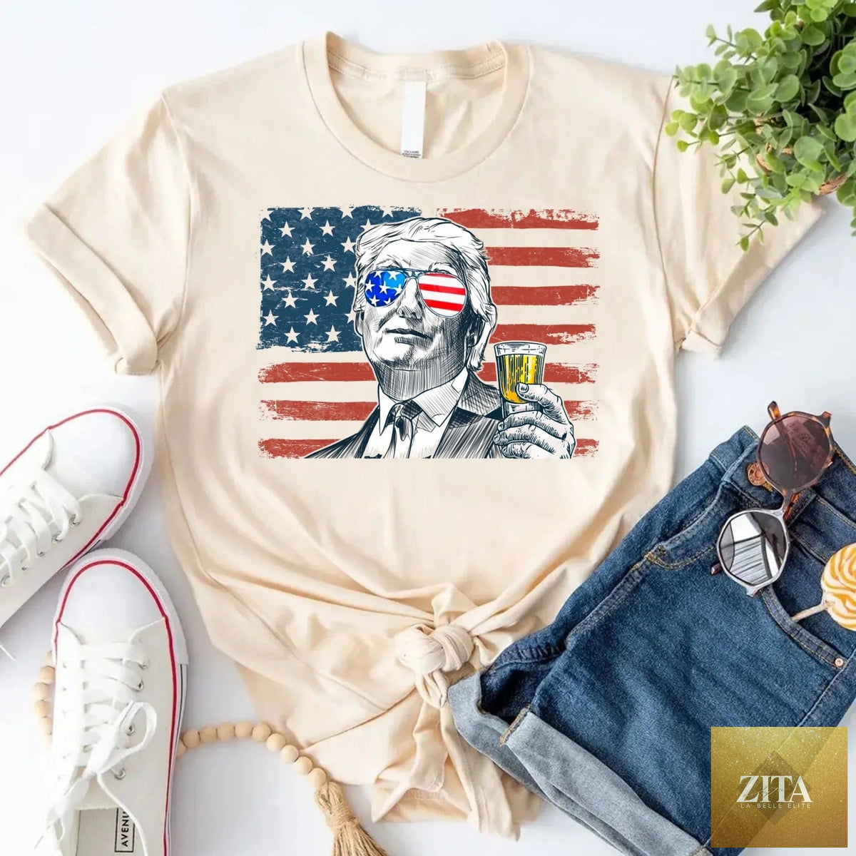 Unisex Donald Trump drinking party T-shirt by Adorb Custom Tees, crew neck style, featuring a bold graphic design.
