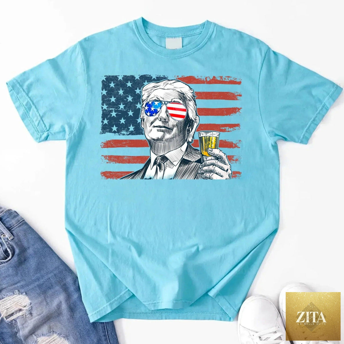 Unisex Donald Trump Drinking Party T-Shirt by Adorb Custom Tees, crew neck style with printed graphic graphic on front.