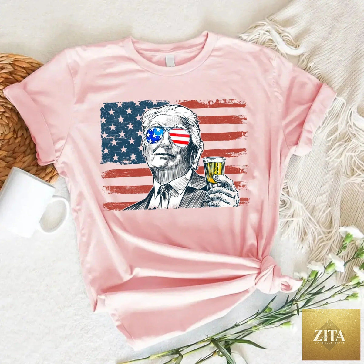 Unisex Donald Trump drinking party T-shirt by Adorb Custom Tees, featuring a casual crew neck design with a humorous graphic.