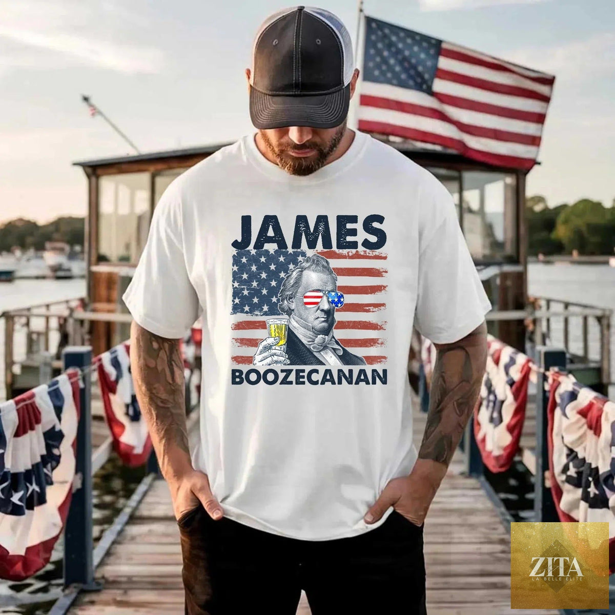 James Boozecanan 4th of July T-Shirt by Adorb Custom Tees, featuring a humorous presidential drinking design on a casual tee.