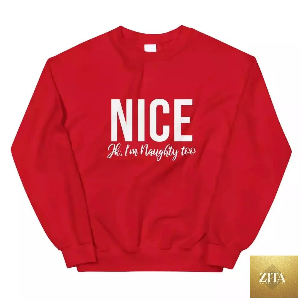 Adorb Custom Tees Christmas Naughty & Nice couples sweatshirt with festive red and green design, featuring holiday-themed text and graphics.