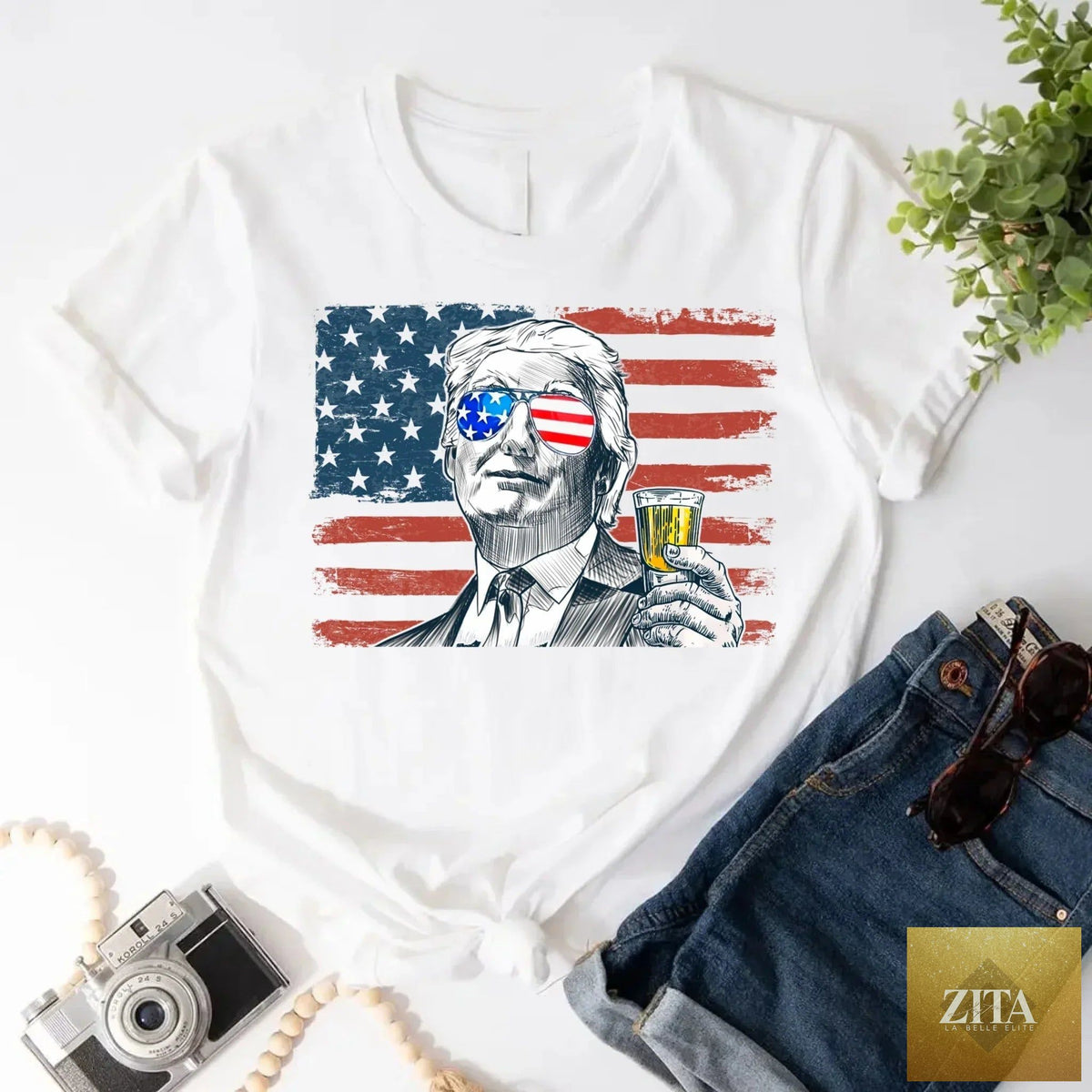 Unisex Donald Trump drinking party T-shirt by Adorb Custom Tees, featuring a crew neck design with a playful graphic.