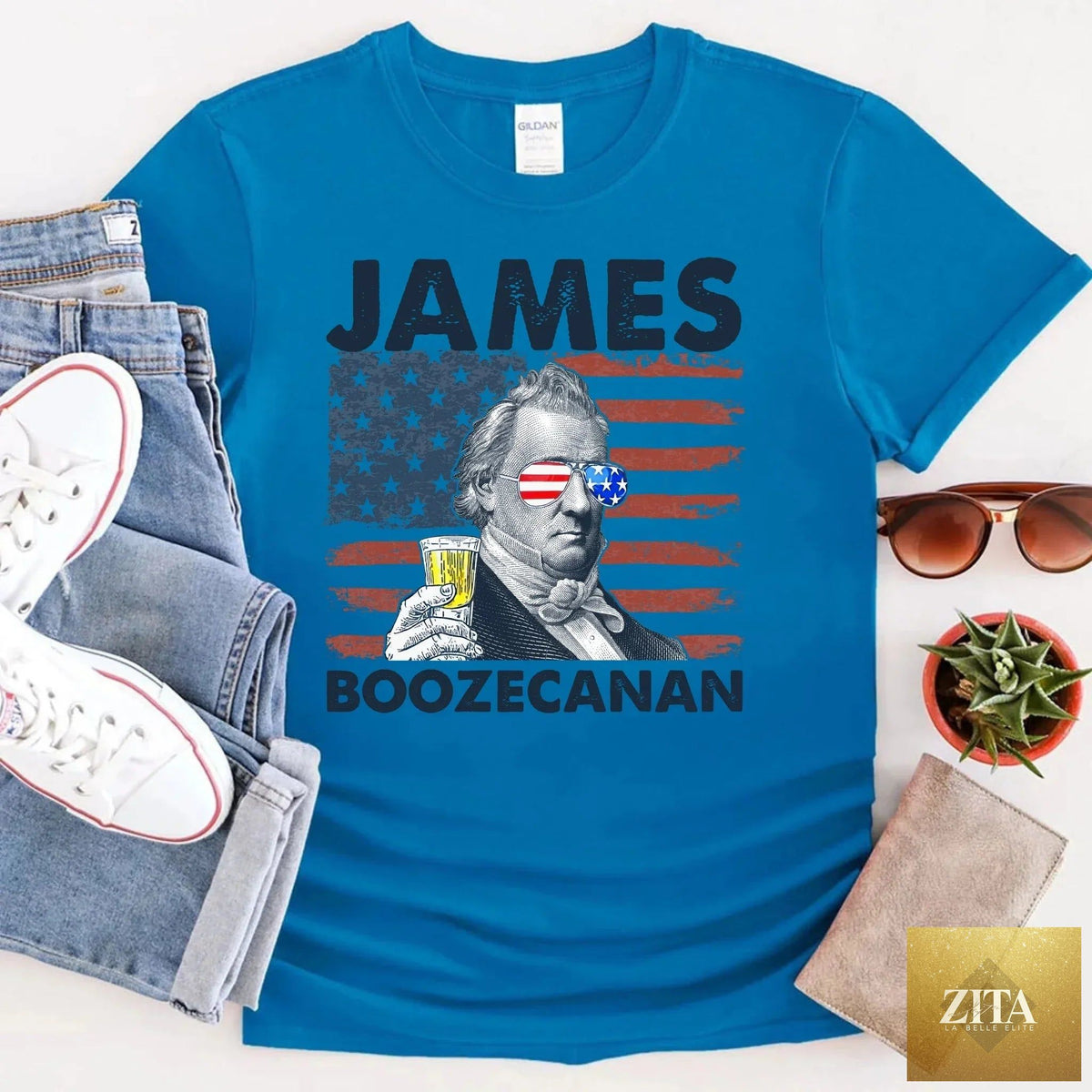 James Boozecanan 4th of July T-shirt by Adorb Custom Tees featuring a humorous presidential drinking design.