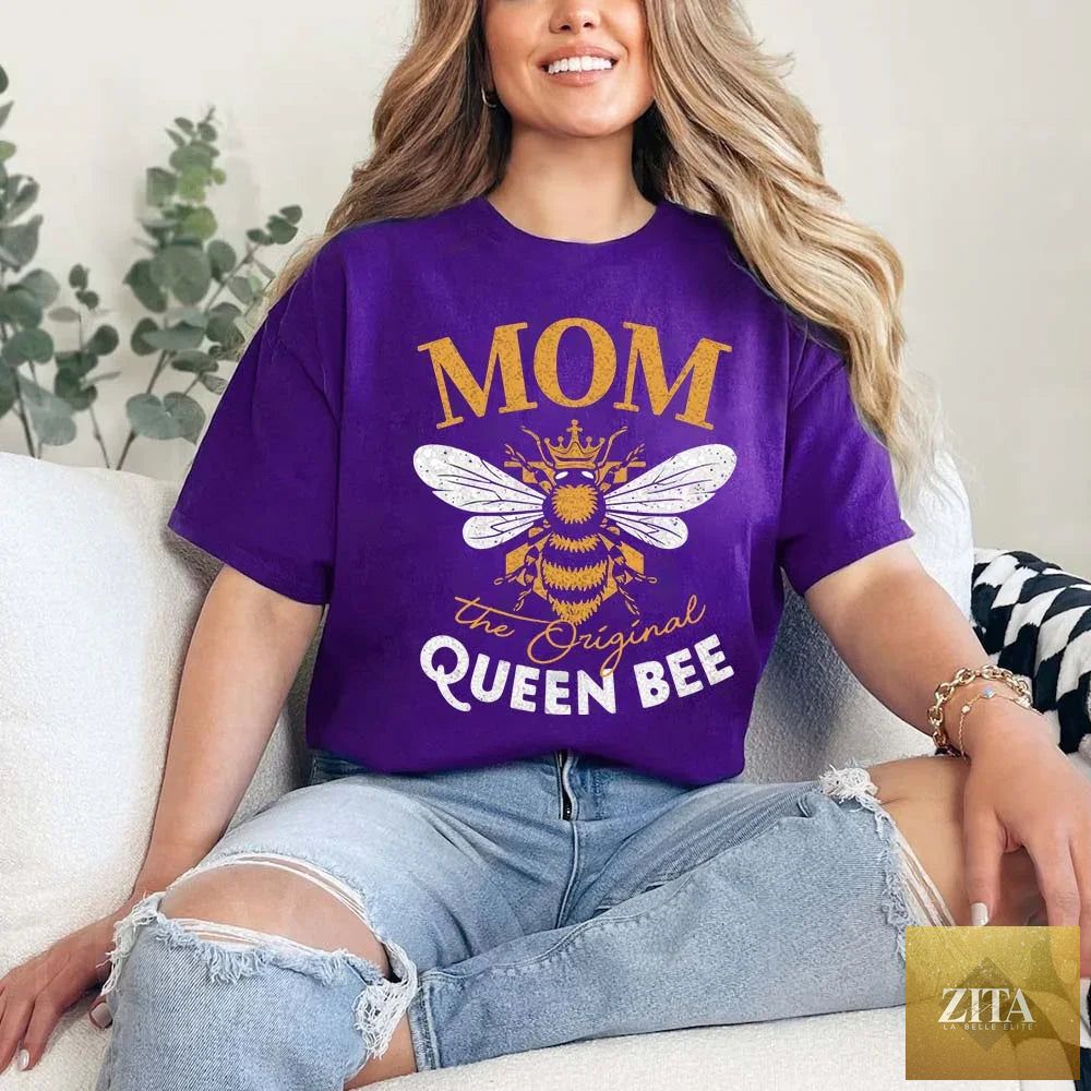 Adorb Custom Tees Mom The Original Queen Bee T-shirt featuring fun bee design, perfect for Mother's Day celebration.