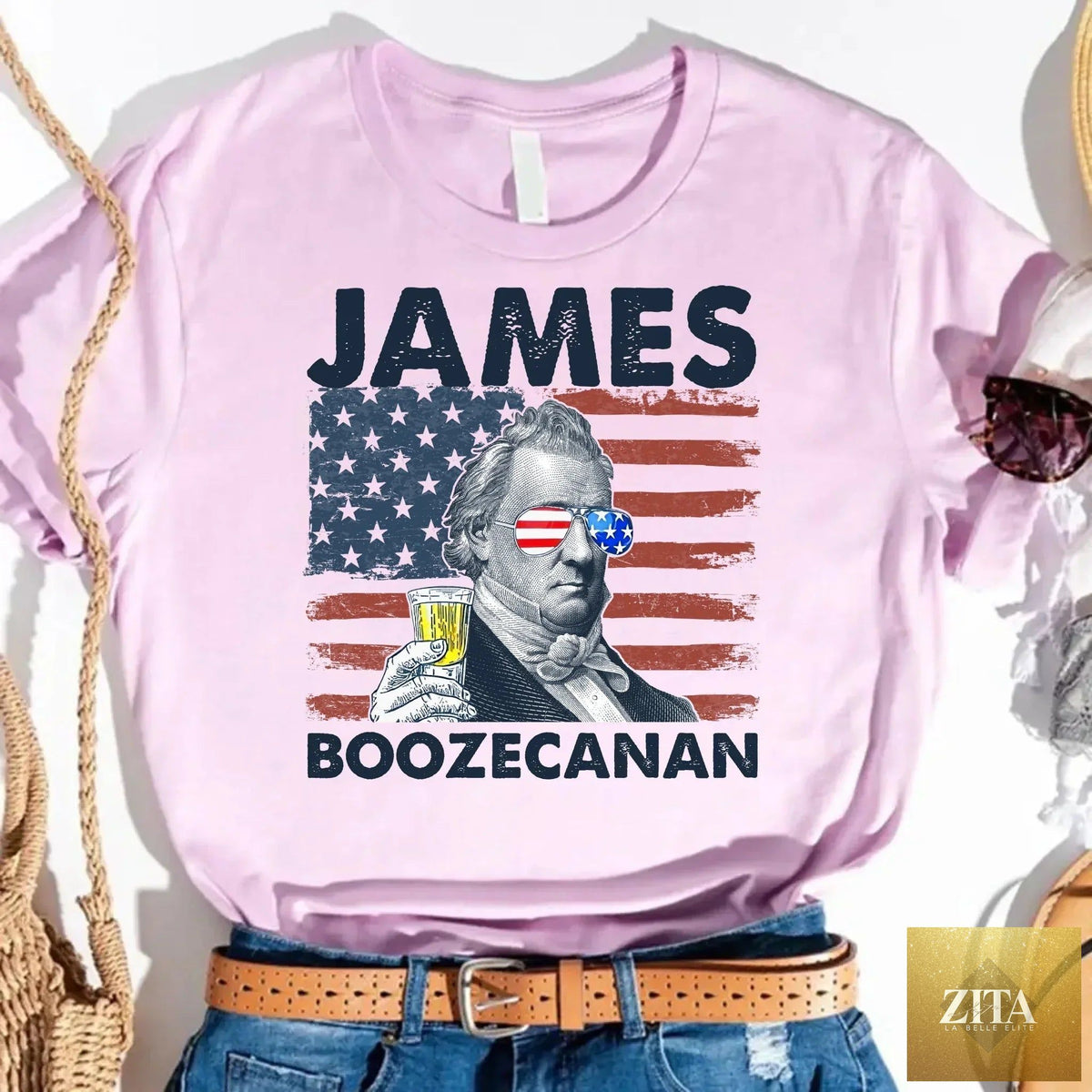 Funny James Boozecanan 4th of July T-shirt by Adorb Custom Tees featuring patriotic design and humorous presidential drinking theme.