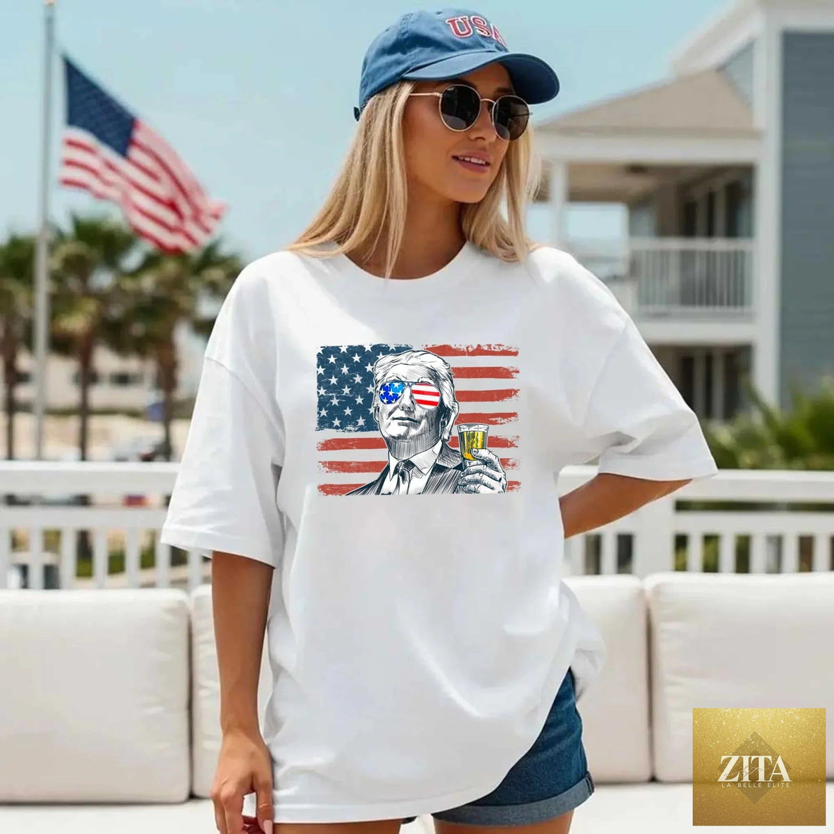 Unisex Donald Trump drinking party T-shirt by Adorb Custom Tees featuring a crew neck design with a bold graphic print.