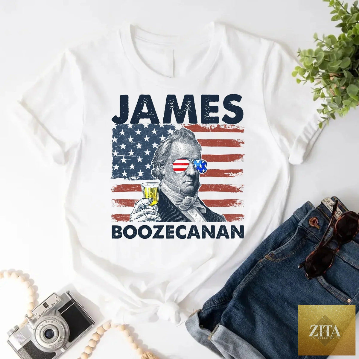 James Boozecanan 4th of July T-shirt by Adorb Custom Tees, featuring a humorous presidential drinking design on a casual tee shirt.