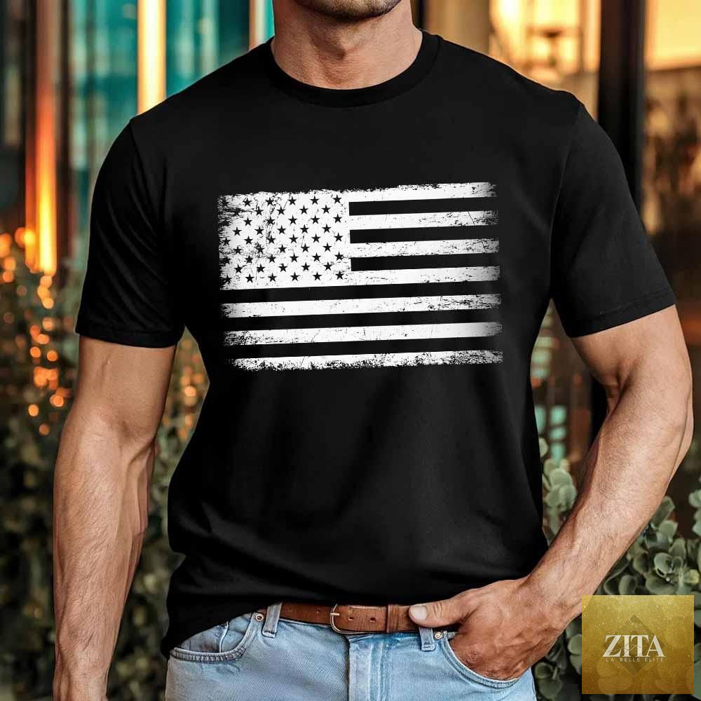 Adorb Custom Tees Rogue Style USA distressed flag unisex T-shirt with bold patriotic design and vintage look.