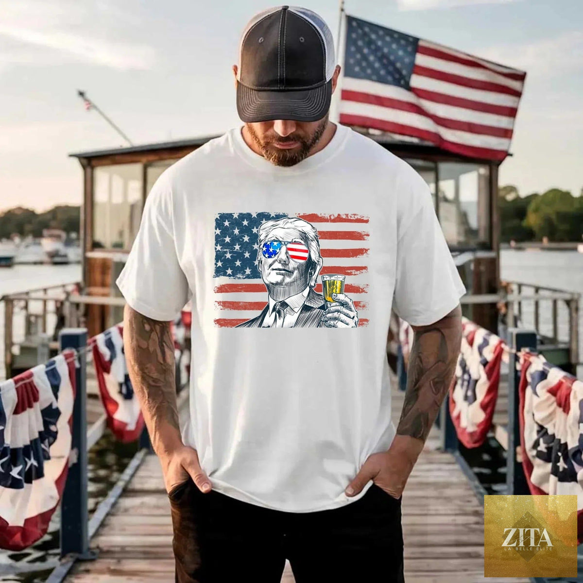 Unisex Donald Trump drinking party T-shirt by Adorb Custom Tees featuring a crew neck and casual fit.
