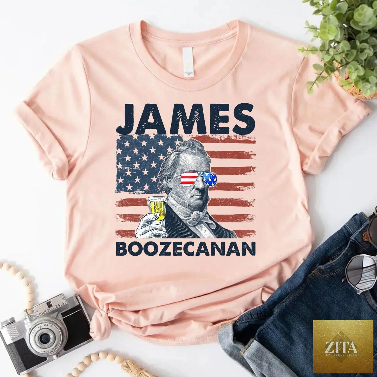 James Boozecanan 4th of July T-Shirt from Adorb Custom Tees featuring a humorous presidential drinking graphic.