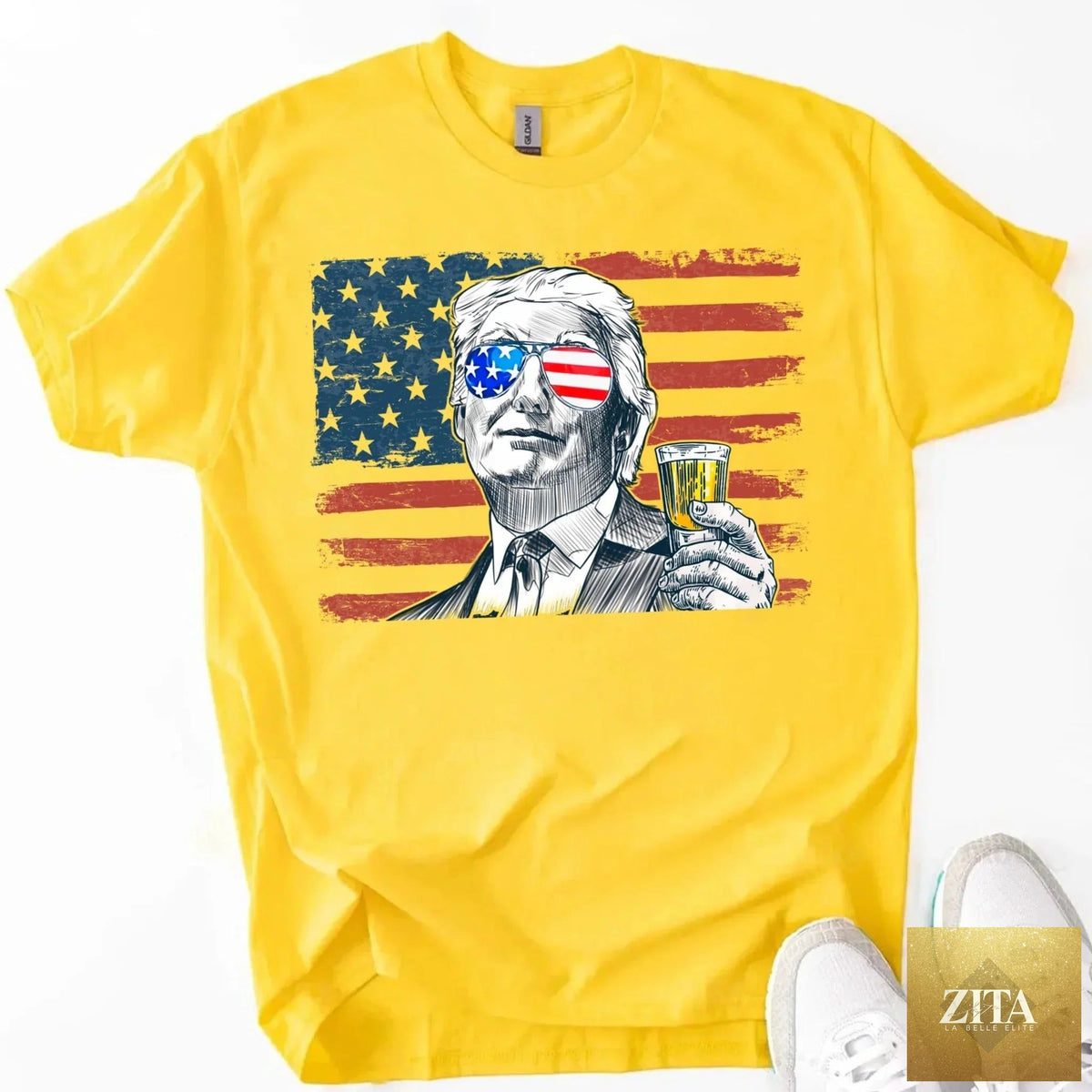 Unisex crew neck T-shirt by Adorb Custom Tees featuring Donald Trump drinking party graphic design.