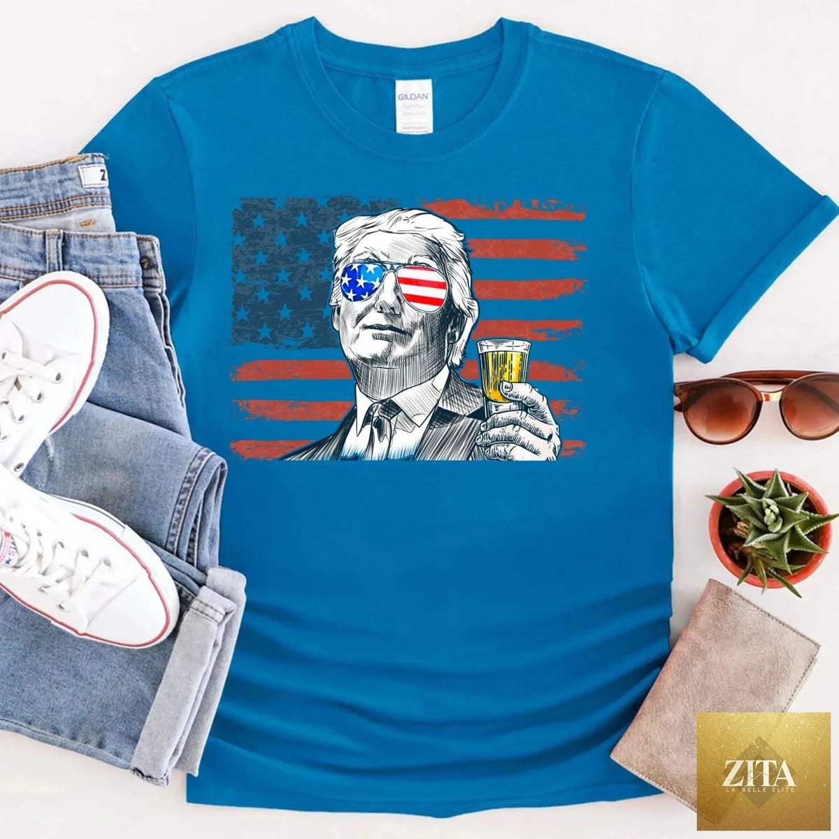 Unisex Donald Trump Drinking Party T-Shirt by Adorb Custom Tees featuring a crew neck design with a playful graphic print.