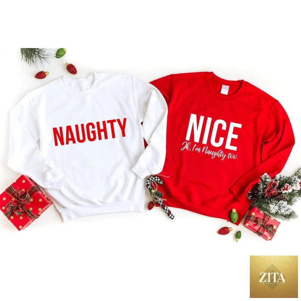 Adorb Custom Tees Christmas Naughty & Nice Couples Sweatshirt with festive red and green design, featuring holiday-themed text.