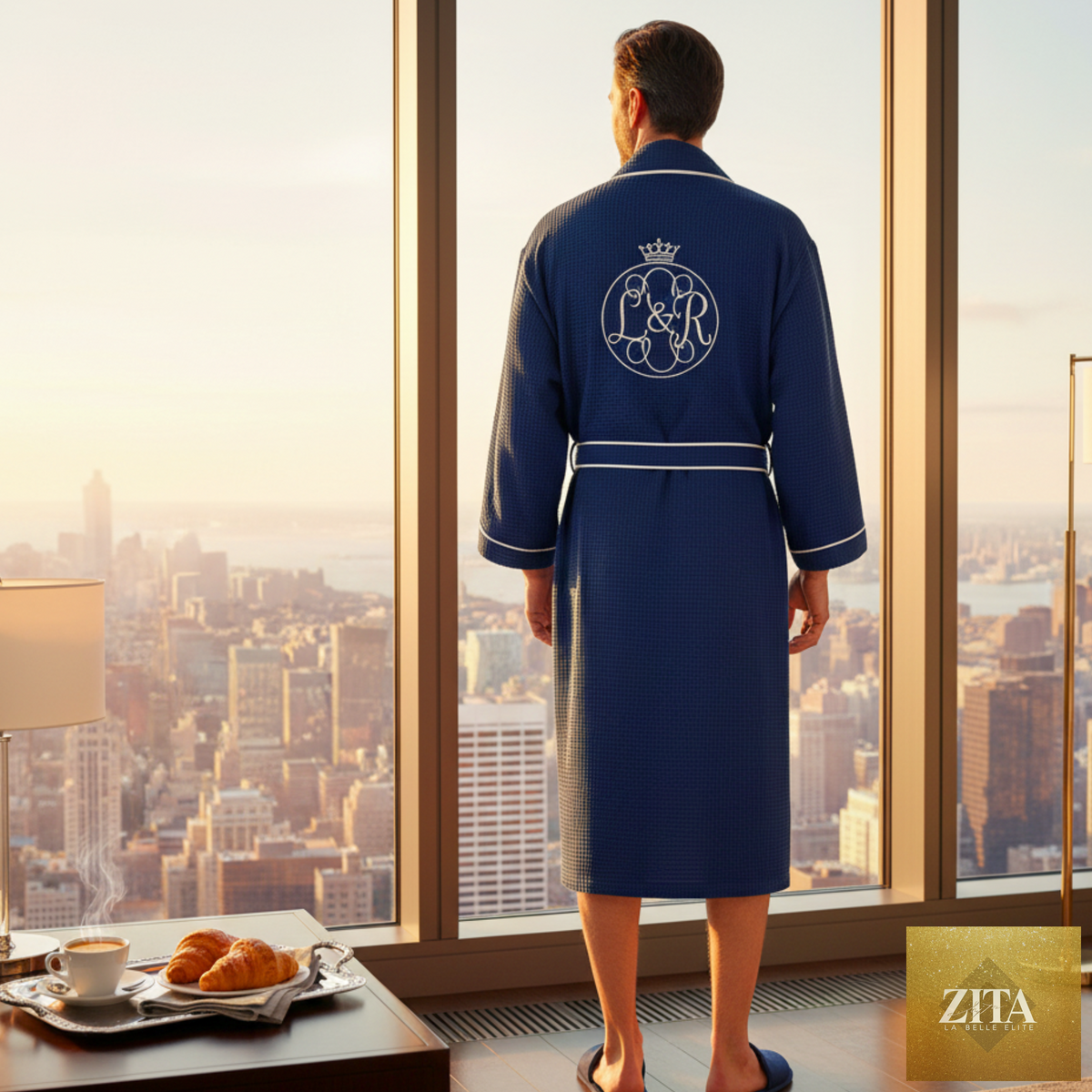 Luxurious Lotus Linen men's waffle piping robe, soft and comfortable spa robe with piping detail, perfect for relaxation.