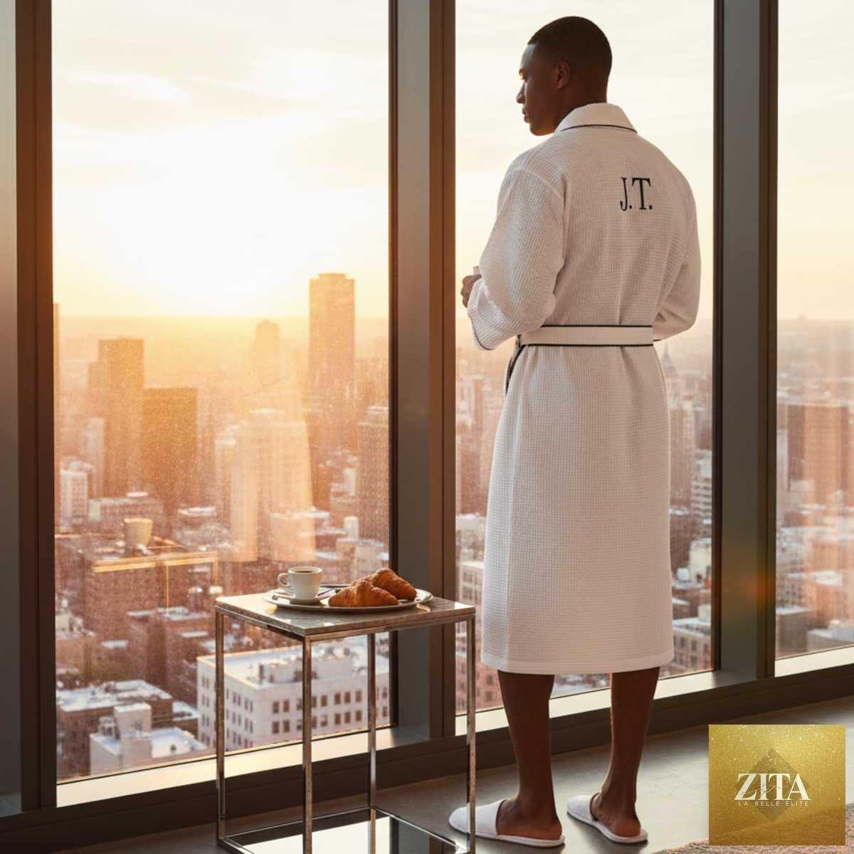 Luxurious Lotus Linen premium waffle piping men's robe displayed with a soft, textured waffle fabric and piped trim in a spa setting.