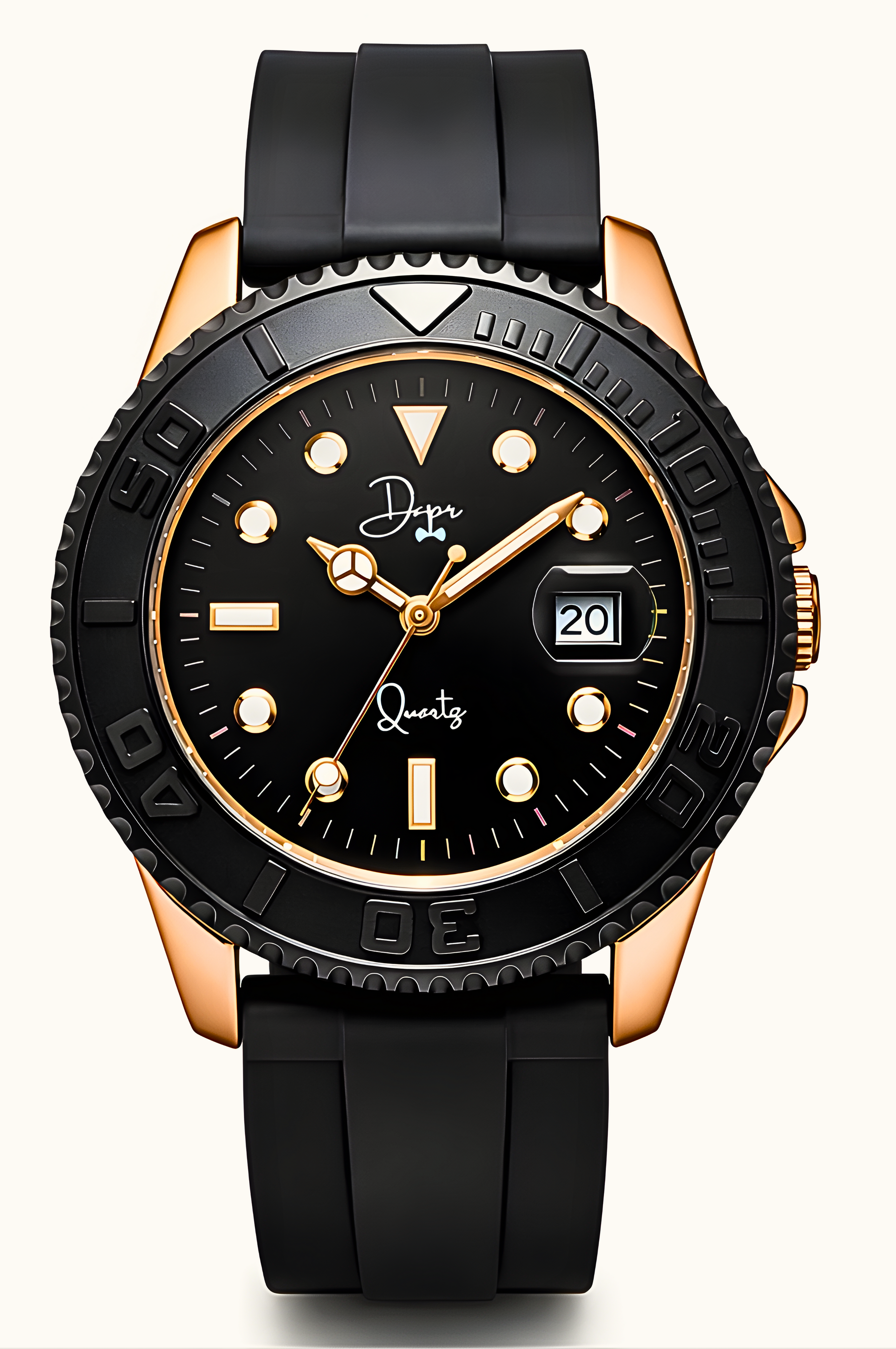 Dapper Watches minimalist quartz watch in rose gold finish with a sleek dark dial and simple, elegant design.