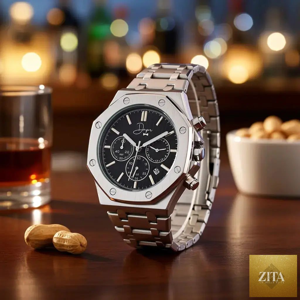 Dapper Watches stainless steel chronograph watch with black dial and silver case, featuring multiple subdials and a sleek design.