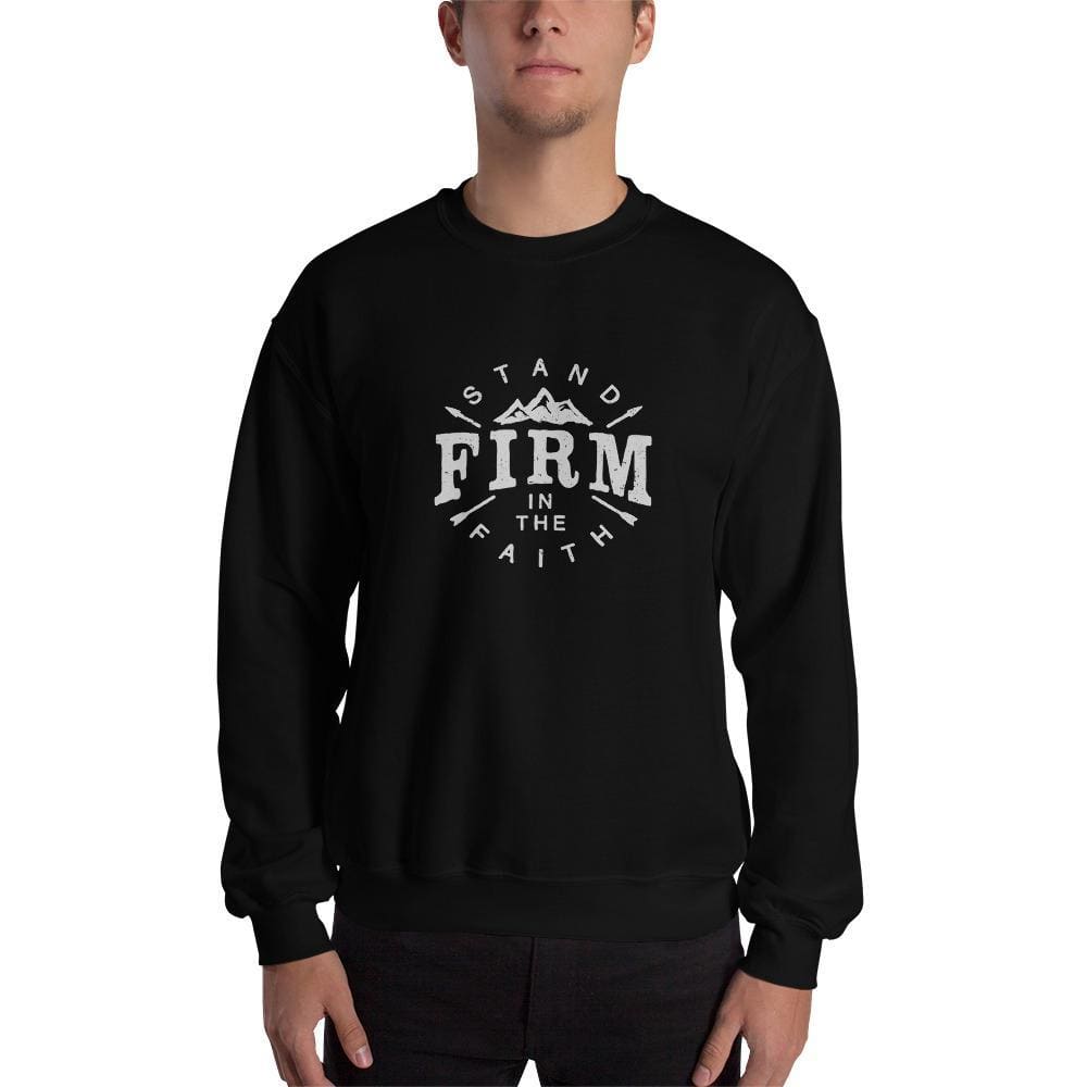 Black FACT goods Crewneck Sweatshirt with "Stand Firm in the Faith" printed design, soft and comfortable for casual wear.