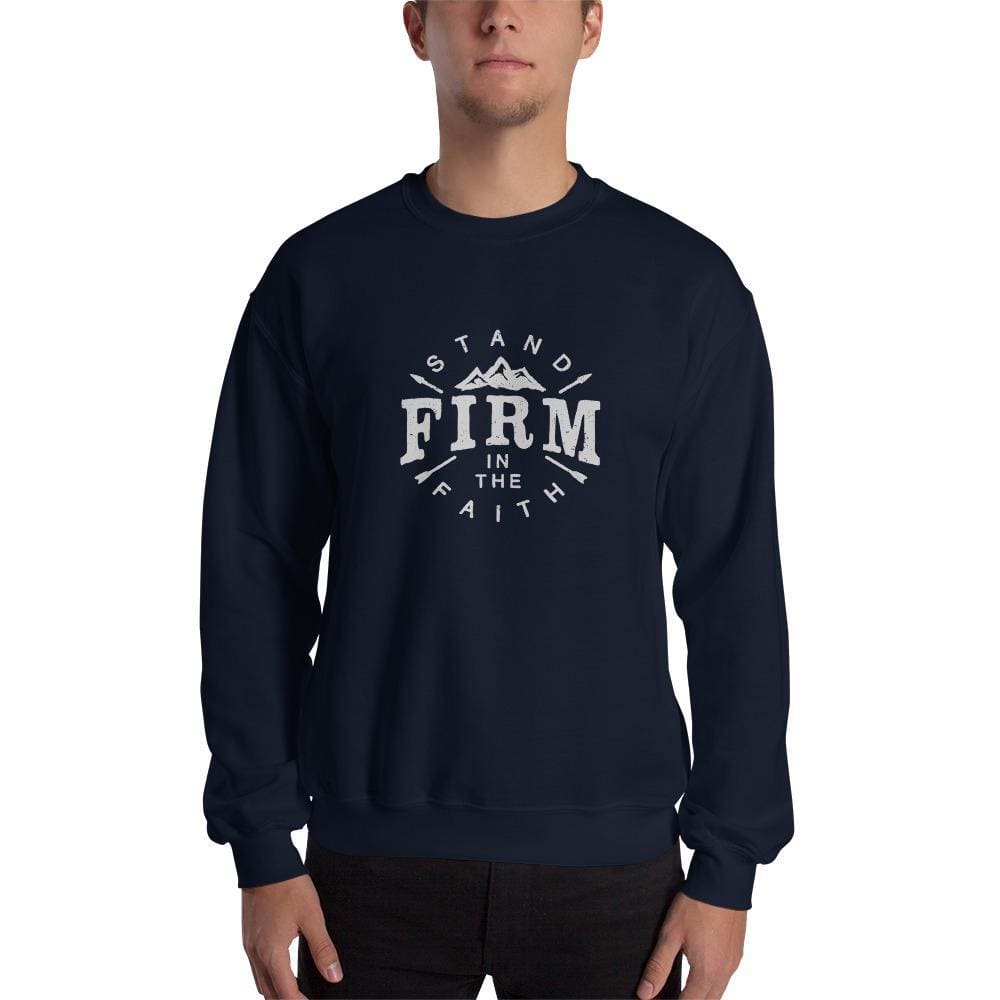 Navy crewneck sweatshirt by FACT goods featuring the "Stand Firm in the Faith" design, soft cotton fabric, and comfortable fit.