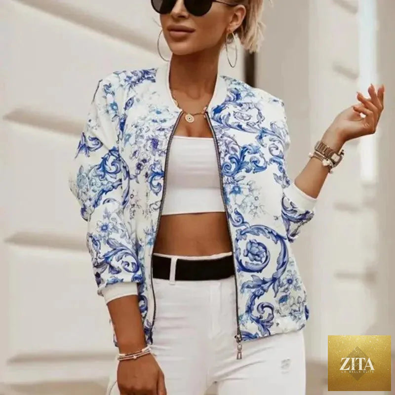 Stevvex women's floral print long sleeve bomber jacket with zipper, stylish vintage coat, slim fit, and elegant design.